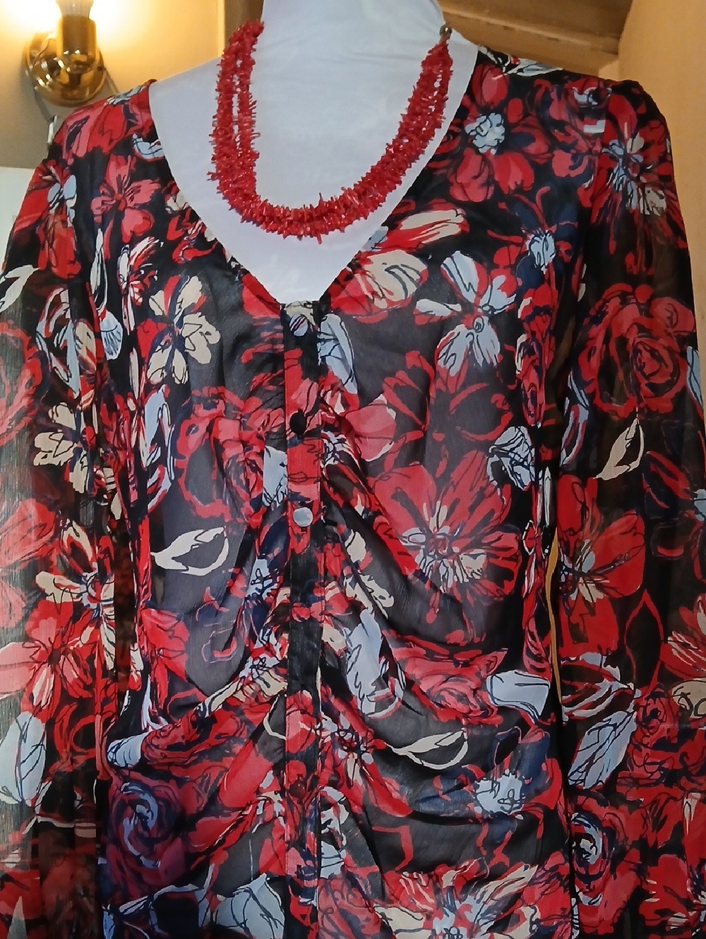 Sheer Red Floral V-Neck Button-Front Women's Blouse